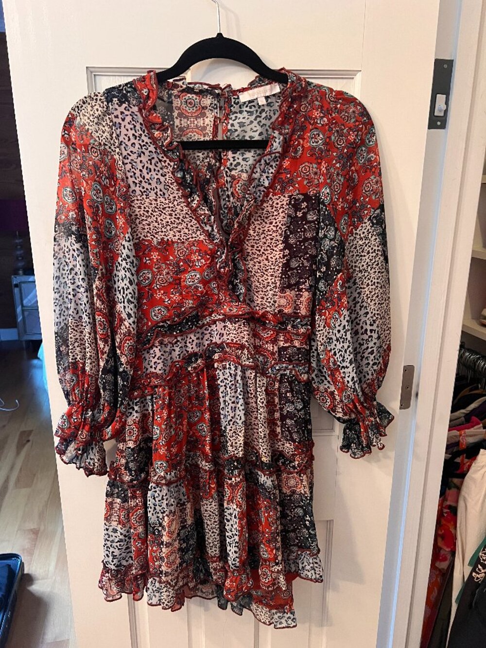 Olivaceous Boho patchwork dress with cutout back size M